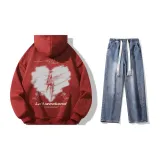 Set (Burgundy Fleece-Lined Sweatshirts+Dark Blue Jeans)