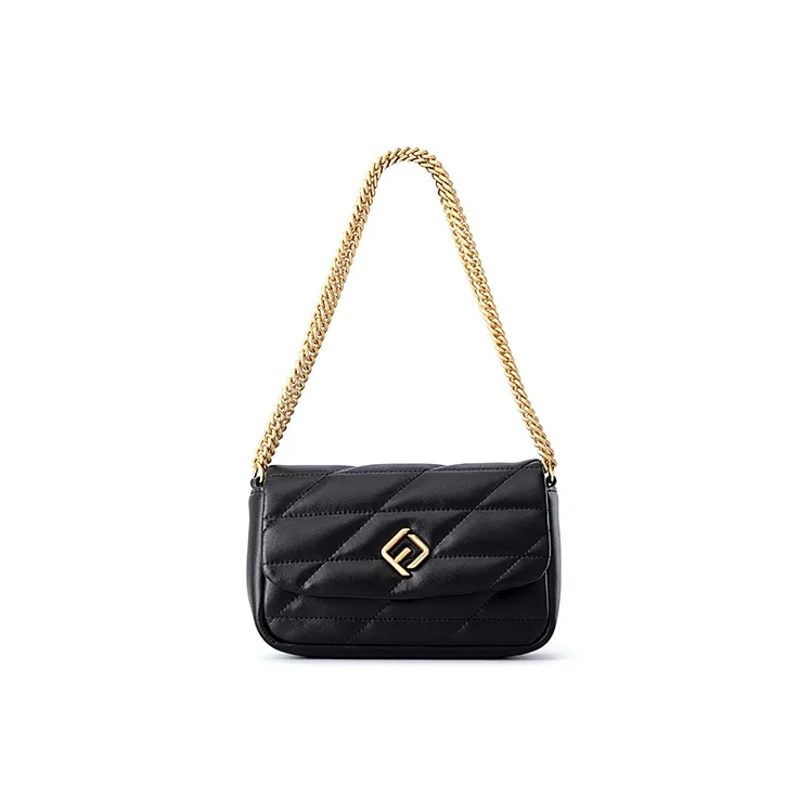 FION Cow Leather Shoulder Bag Medium Size Women's Black-1