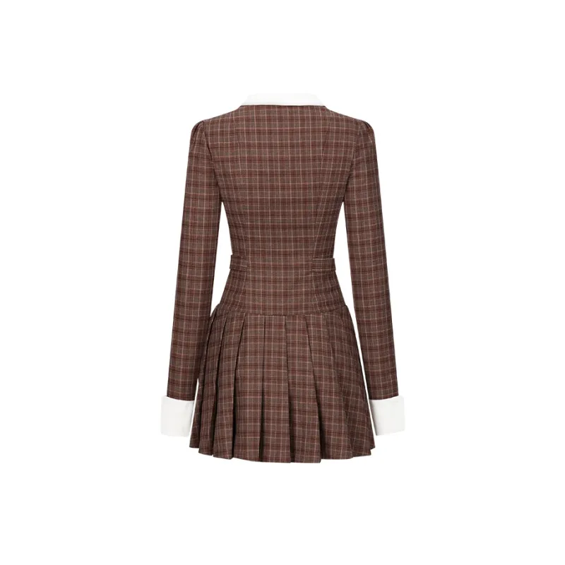 Girly Fancy Club Long-Sleeved Dresses Women's Brown Coffee Plaid-1