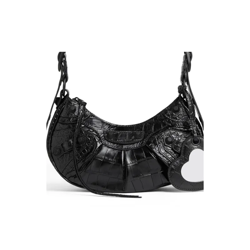 Balenciaga Le Cagole Crocodile Embossed Cow Leather Shoulder Bag, Portable Crossbody Bag Mini Women's Black-4