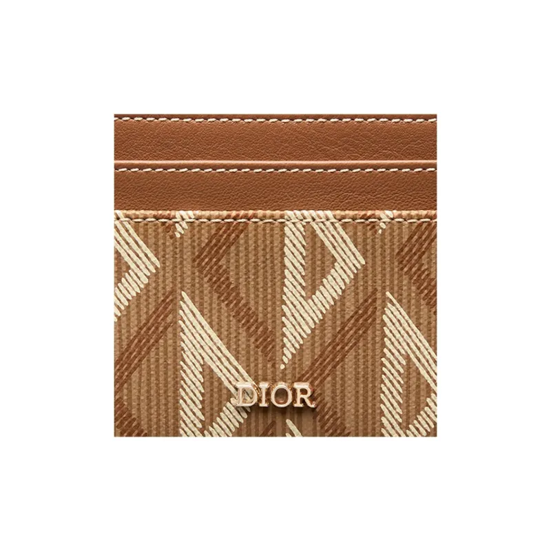 DIOR Smooth Cow Leather Cotton Grey Canvas Card Holder Men's Coffee-3