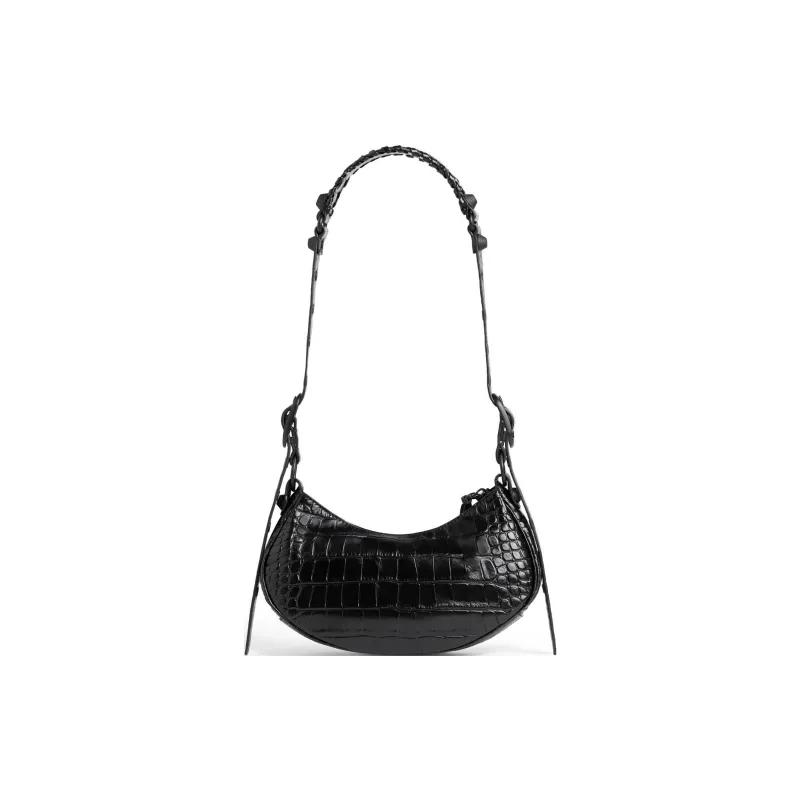 Balenciaga Le Cagole Crocodile Embossed Cow Leather Shoulder Bag, Portable Crossbody Bag Mini Women's Black-3