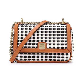 FION Cow Leather Small Square Bag Chain Bag Shoulder Bag Crossbody Bag Small Size Women's Beige & White