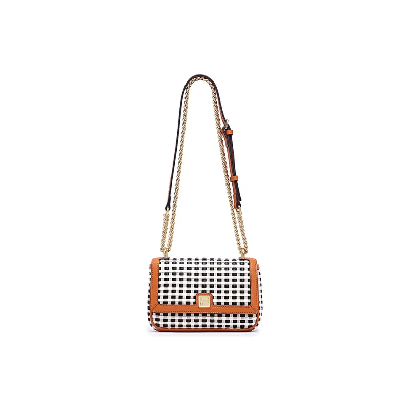 FION Cow Leather Small Square Bag, Chain Bag, Shoulder Bag, Crossbody Bag Trumpets Women's Beige & White-1