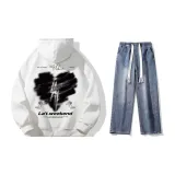 Set (White Fleece-Lined Sweatshirts+Dark Blue Jeans)