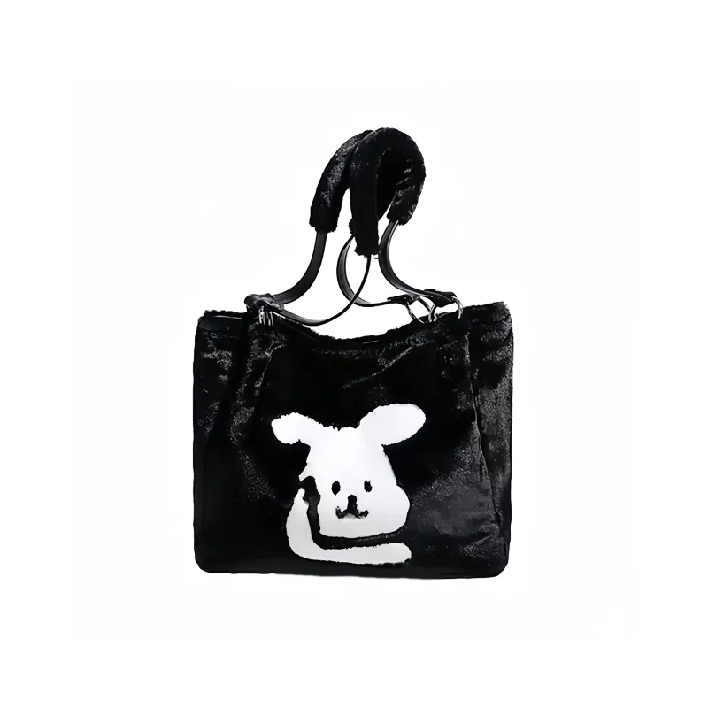 UNITE STAR Plush Tote Bag Shopping Bag Shoulder Bags Women's Black/White/Khaki-0