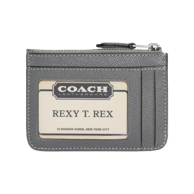 COACH Skinny Id Case Cross-Stitch Leather Coin Purses Card Holders Mini Women's Gray Blue-1