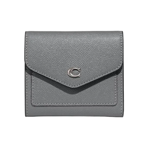 COACH Wyn Cross-Stitch Leather Coin Purses Wallets Small Size Women's Gray Blue