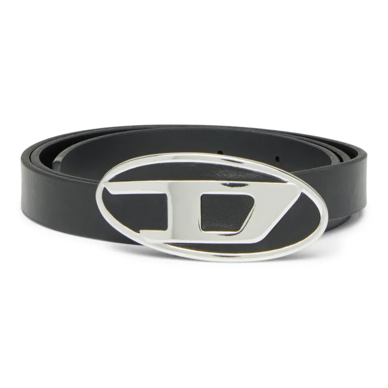 DIESEL D Shaped Decoration Oval Smooth Buckle Leather Belts Women's Black Width 1.9cm-0