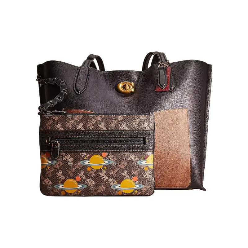COACH Willow Polished Pebbled Leather Tote Bag Shopping Bag Handbags Large Size Women's Brown & Black-1