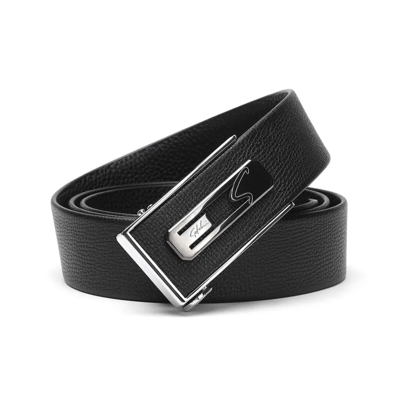 Satchi Sandu Top Grain Cow Leather Automatic Buckle Belt Stainless Steel Belt Men's Black Width 3.45cm-0