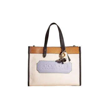 COACH Field Polished Pebble Leather Tote Bag, Shopping Bag, Handbag Large Size Women's White & Blue