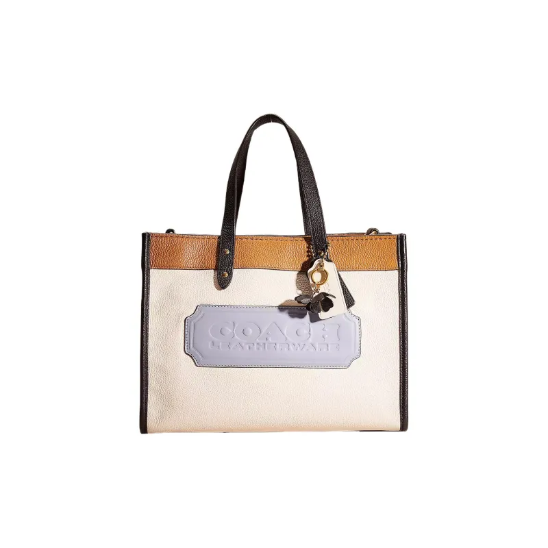 COACH Field Polished Pebble Leather Tote Bag, Shopping Bag, Handbag Large Size Women's White & Blue-0