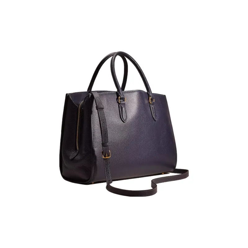 COACH Polished Pebble Leather Tote Bag, Shopping Bag, Handbag Tubas Women's Brass & Midnight Marine Blue-1
