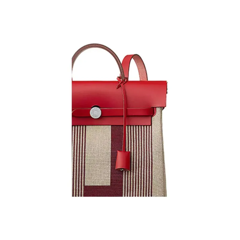 HERMES Herbag Zip Canvas With Leather Handbag Backpack Unisex Bordeaux Red/Light Taupe/Chili Red/Beige-4