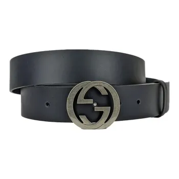 GUCCI Classic Double G Logo Smooth Buckle Leather Leather Belts Men's Black Width 3.5CM