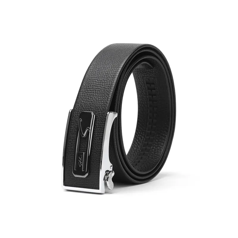 Satchi Sandu Top Grain Cow Leather Automatic Buckle Belt Stainless Steel Belt Men's Black Width 3.45cm-1
