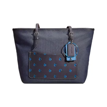 COACH City Canvas With Leather Tote Bag Shopping Bag One Shoulder Handbag Large Size Women's Silver Panel Denim