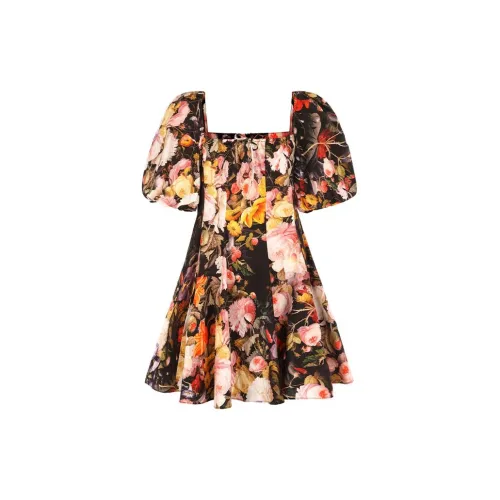 Selkie Short-Sleeved Dresses Women's Black Background With Vibrant Floral Print