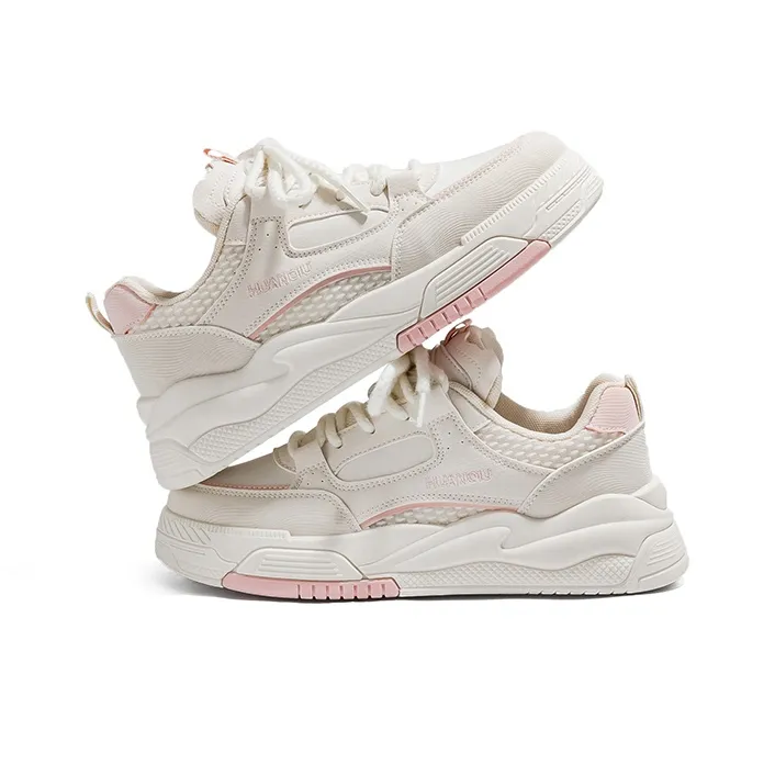 HUANQIU Abrasion Resistant Low Top Skateboard Shoes Women's Beige Pink-2