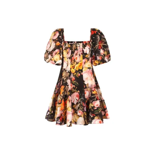 Selkie Short-Sleeved Dresses Women's Black Background With Vibrant Floral Print