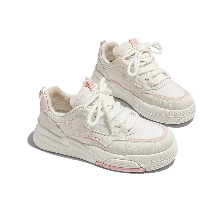 HUANQIU Abrasion Resistant Low Top Skateboard Shoes Women's Beige Pink-4