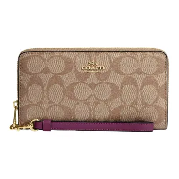 COACH Zip Around Canvas With Leather Wrist Bag Wallet Small Size Women's Brown & Purple