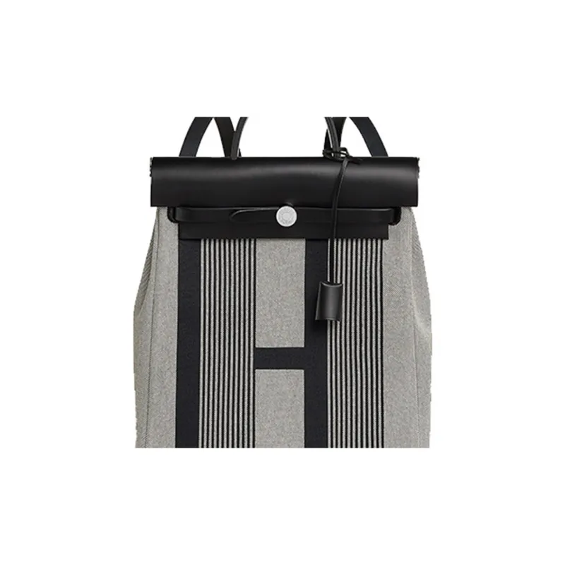 HERMES Herbag Zip Canvas With Leather Backpack Unisex Black & Beige & Light Beige-4