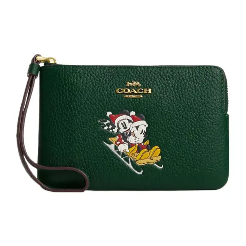 COACH Disney Corner Zip Wristlet Disney Collaboration Leather Wrist Bags Clutches Small Size Women's Green