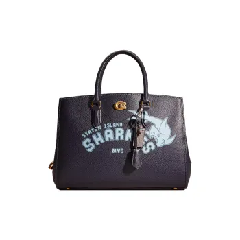 COACH Polished Pebble Leather Tote Bag, Shopping Bag, Handbag Tubas Women's Brass & Midnight Marine Blue