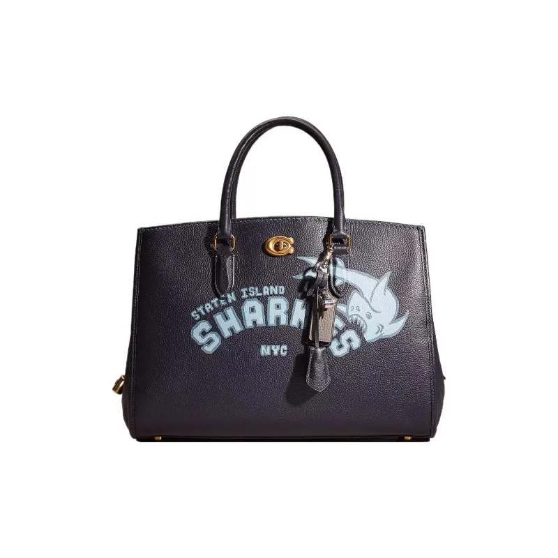 COACH Polished Pebble Leather Tote Bag, Shopping Bag, Handbag Tubas Women's Brass & Midnight Marine Blue-0
