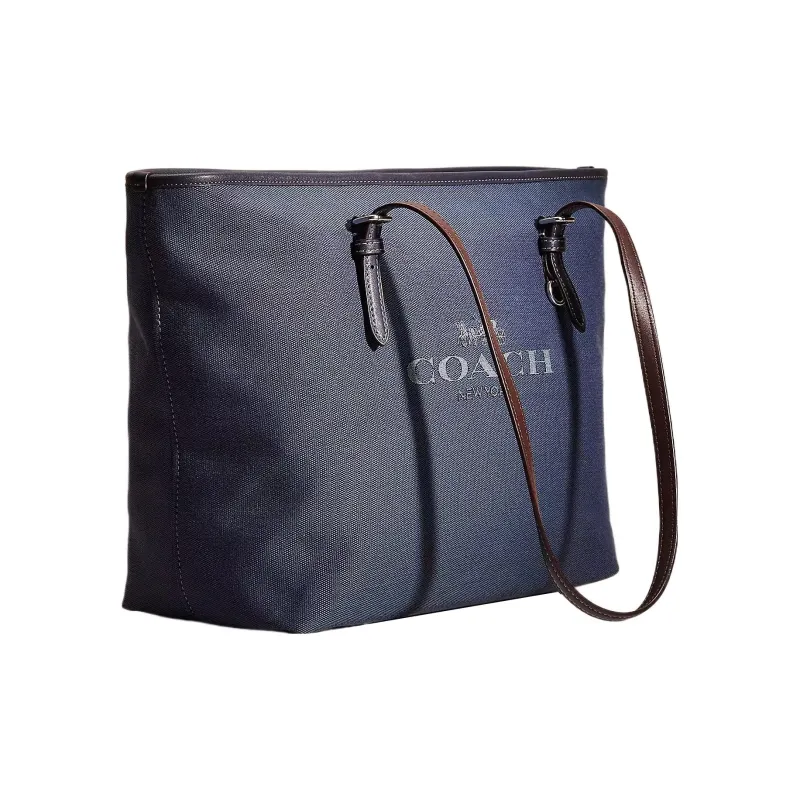 COACH City Canvas With Leather Tote Bag Shopping Bag One Shoulder Handbag Large Size Women's Silver Panel Denim-1