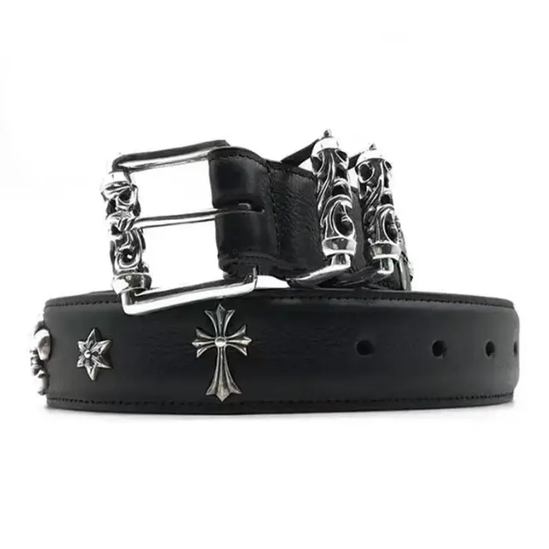 Chrome Hearts Classic Cross Logo Pin Buckle Leather Belts Unisex Black Width: 4CM-1