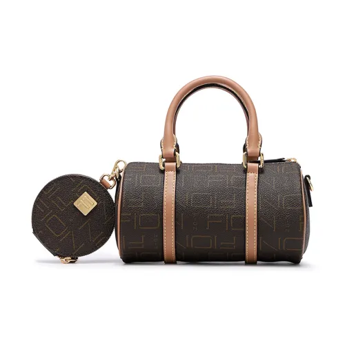 FION Artificial Leather Boston Pillow Bag, Small Round Bag, Handbag, Crossbody Bag Medium Size Women's Coffee
