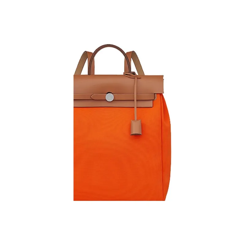 HERMES Herbag Zip Canvas With Hunter Cow Leather Handbag Backpack Unisex Orange Red-4
