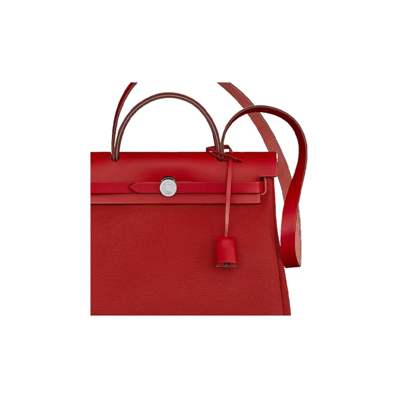 HERMES Herbag Zip Officier Canvas With Hunter Cow Leather Handbag Women's Venice Deep Red/Bright Pink/Chili Red-3