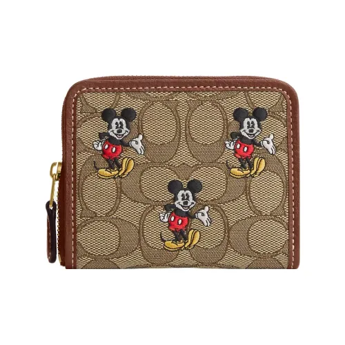 COACH X DISNEY Eggstone Grain Leather Coin Purses Wallets Mini Women's Brass & Khaki & Redwood Multicolor