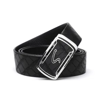 Satchi Sandu Belt With External Automatic Buckle Crocodile Pattern Cow Leather Leather Belts Men's Black Width: 3.5cm