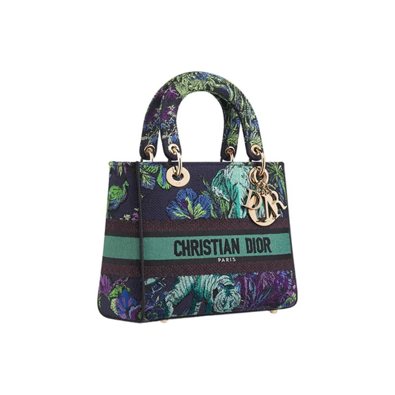 DIOR Lady D-Lite Embroidery Dior Bag Shoulder Bag Crossbody Bag Handbag Medium Size Women's Blue & Multicolor-1