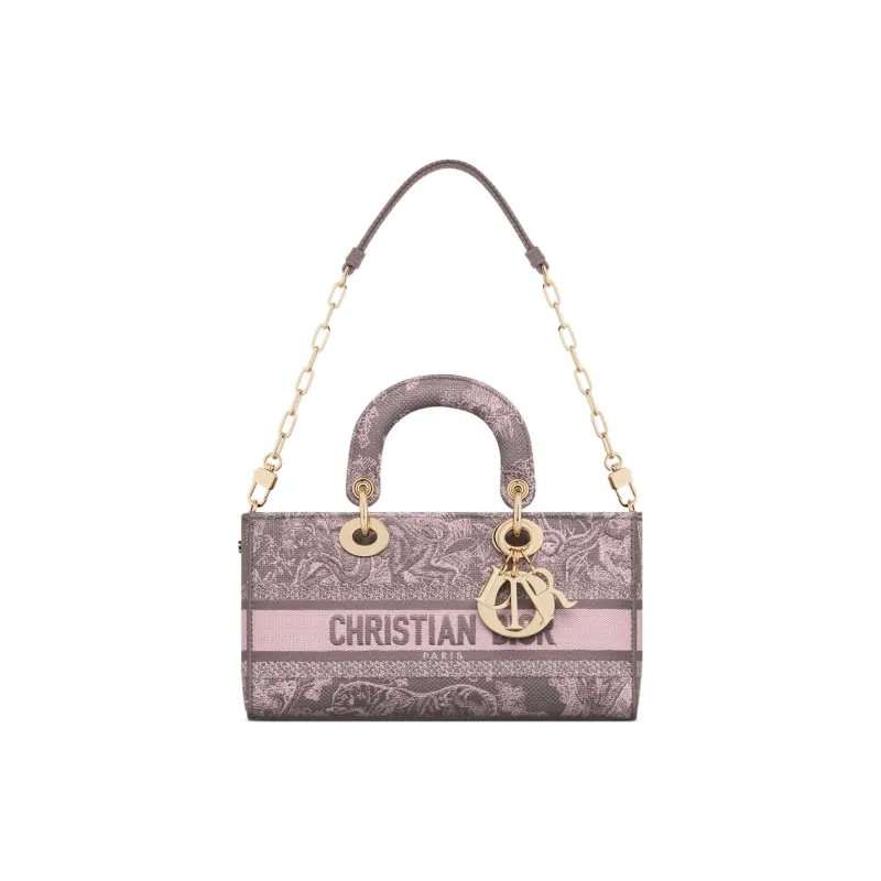 DIOR Lady D-JOY Reverse Yu Print Embroidery Shoulder Bag Crossbody Bag Handbag Medium Size Women's Gray & Pink-4