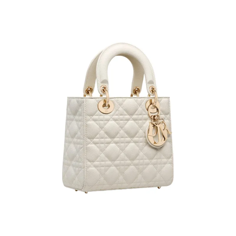 DIOR Lady Dior Grained Wicker Pattern Calfskin Daisie Crossbody One Shoulder Handbag Small Size Women's White-2
