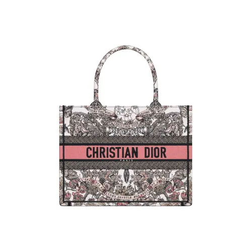 DIOR Embroidery Tote Bag, Shopping Bag, Handbag Medium Size Women's White & Light Pink