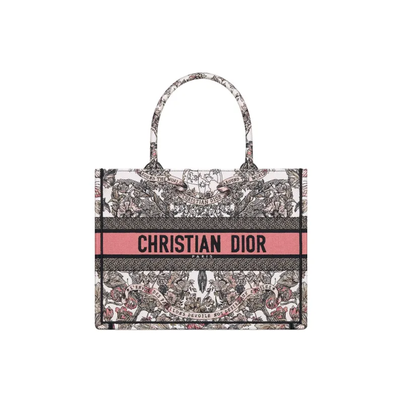 DIOR Embroidery Tote Bag, Shopping Bag, Handbag Medium Size Women's White & Light Pink-0
