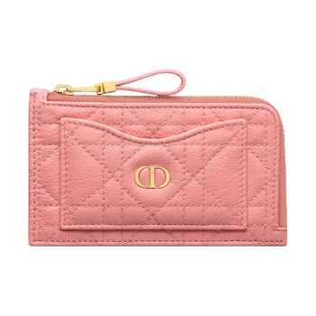 DIOR Calfskin Card Clip Card Holder Wallets Women's Light Pink