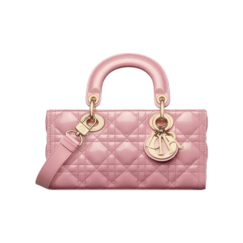 DIOR Lady D-JOY Shiny Cow Leather Shoulder Bag Crossbody Bag Handbag Small Size Women's Peach Pink-0