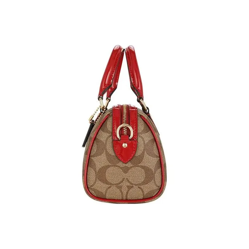 COACH Boxed PVC With Skin Boston Bag, Handbag, Shoulder Bag Small Size Women's Brown & Red-3