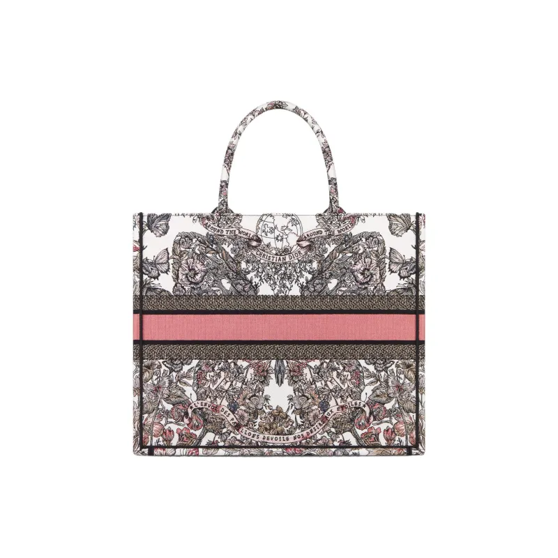DIOR BookTote Embroidery Tote Bag Shopping Bag Handbag Large Size Women's White & Light Pink-2
