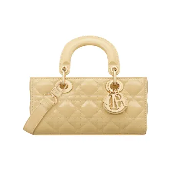 DIOR Lady D JOY Shiny Cow Leather Shoulder Bag Crossbody Bag Handbag Small Size Women's Light Yellow