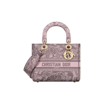 DIOR Lady D-Lite Embroidery Dior Bag Shoulder Bag Crossbody Bag Medium Size Women's Gray & Pink