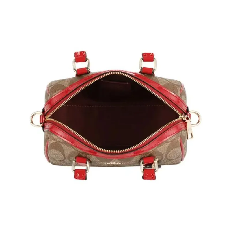 COACH Boxed PVC With Skin Boston Bag, Handbag, Shoulder Bag Small Size Women's Brown & Red-4